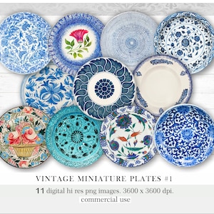 Juego de platos vintage adornados para casa de muñecas. Platos victorianos florales azules en miniatura. Platos antiguos azules y florales. Platos para casa de muñecas. Clipart digital.