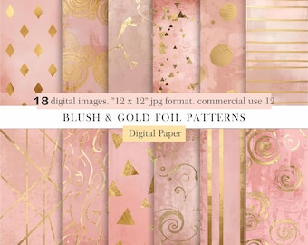 Blush & Gold Foil Digital Paper Pack.18 Pink Metallic Patterns.Scrapbooking.Invitations, Crafts. Rose and gold Wedding Paper. Commercial Use