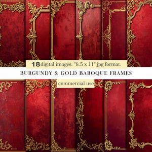 Burgundy & Gold Baroque Frames. Rococo Digital Papers. Ornate Gold Vintage Borders. Scrapbooking, Invitations, Journals. Commercial Use