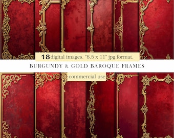 Burgundy & Gold Baroque Frames. Rococo Digital Papers. Ornate Gold Vintage Borders. Scrapbooking, Invitations, Journals. Commercial Use