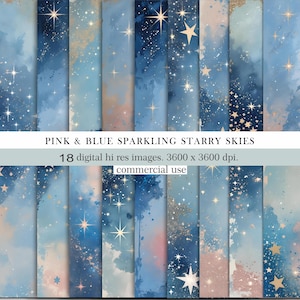 Pacote de Papel Digital Céu Estrelado Rosa e Azul: Fundos para Scrapbook. Nuvens em Aquarela. Fundos para o Pôr do Sol. Uso Comercial.