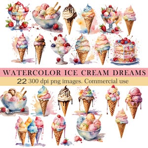 Watercolor Ice Cream Clipart. Summer Dessert PNGs. Colorful Ice cream Cones. Ice Cream Sundae. Sweet Treats. Instant Download.Commercial use