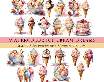 Può includere: Illustrazioni ad acquerello di varie prelibatezze di gelato, tra cui coni, coppe e una torta, in una varietà di colori. L'immagine include il testo "WATERCOLOR ICE CREAM DREAMS" e "22 300 dpi png images. Commercial use."