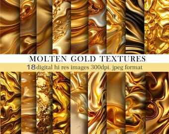 May include: A collection of 18 digital images featuring molten gold textures. The images showcase swirling patterns and liquid effects in various shades of gold, with the text "MOLTEN GOLD TEXTURES" and details about the image format.