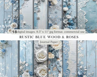 Rustic Blue Wood and Roses Digital Paper, Shabby Chic Floral Backgrounds, Vintage Journal Pages, Printable Notebook Paper, Commercial Use