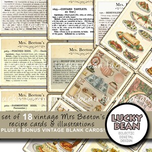 Mrs. Beeton printable recipe cards. Plus bonus tags! Vintage cook book,Victorian kitchen recipes,food images,scrapbook,collage,junk journal.