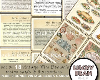 Mrs. Beeton printable recipe cards. Vintage cook book, Victorian kitchen recipes and food illustrations, scrapbook, collage, junk journal.