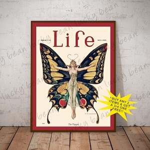 May include: A vintage magazine cover featuring a woman dressed as a butterfly with yellow and black wings. The magazine is titled "Life" and the cover text reads "The Flapper".