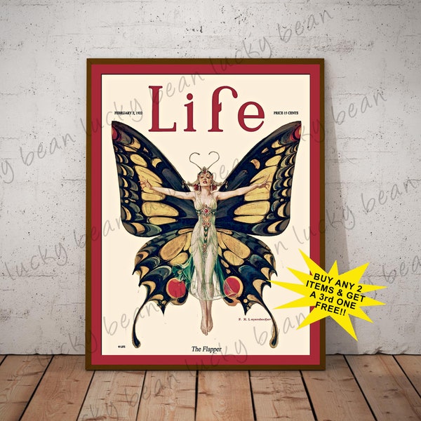 Life magazine cover.Vintage 1920's fashion poster. Digital download.Magazine cover art. Vintage Jazz era decor print.Butterfly & flapper art