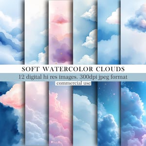 Puede incluir: Una colección de 12 imágenes digitales de nubes en acuarela en varios tonos de azul, rosa y morado. Las imágenes están en formato jpeg de 300 ppp y son para uso comercial. Se muestra el texto "SOFT WATERCOLOR CLOUDS".