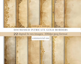 Distressed Gold Borders Digital Paper, Vintage Ornate Frames, Antique Scrapbook Backgrounds, Printable Old Paper Pack, Commercial Use