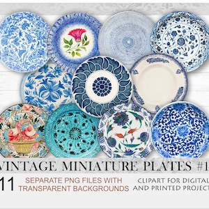 Set dollhouse ornate vintage plates.Dollhouse kitchen decor.Victorian plates.Antique blue and white plates.Miniature plates.Digital clipart