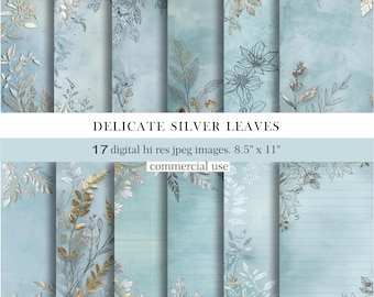 Silver leaf botanical Paper, Blue Botanical Backgrounds, Elegant Foil Foliage Journal Pages, Scrapbook Paper Pack. Digital Download.