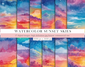 Watercolor Sunset Sky Digital Paper, Colorful Clouds, Galaxy Backgrounds,Ocean Watercolor Sunsets,Digital Download,Commercial Use