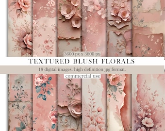 Papel digital floral rosa ruborizado, fondos de flores rosas vintage, paquete de papel para álbumes de recortes con estilo shabby chic, diseños de rosas imprimibles. Uso comercial.