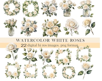 Watercolor White Rose Clipart | Floral PNG Bouquets and Wreaths | Wedding Flowers Digital Download for Invitations & Design.Commercial Use.