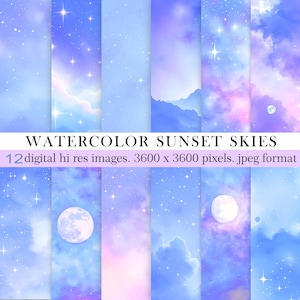 Fundo de papel digital com céu nublado em aquarela. Pinturas mágicas de céus estrelados azuis claros e luas. Download instantâneo. Uso comercial