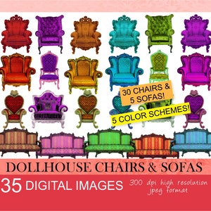 Dollhouse ornate vintage furniture.Dollhouse sofa.Dollhouse chair.Miniature chair.Antique dollhouse chair and sofa.Digital clipart