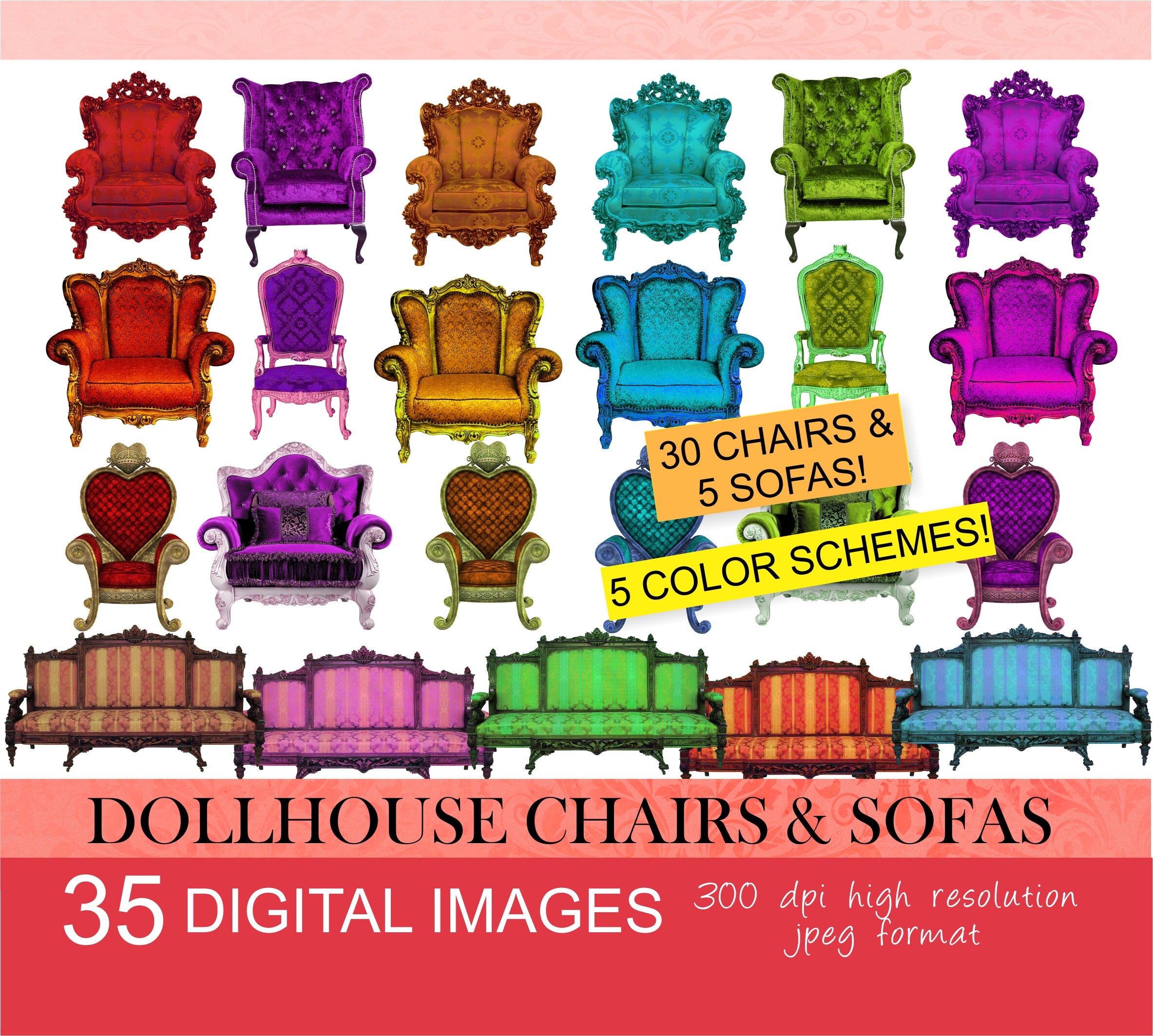 Dollhouse Ornate Vintage Furniture.dollhouse Sofa.dollhouse Chair.miniature  Chair.antique Dollhouse Chair and Sofa.digital Clipart - Etsy, image size:2366x2127