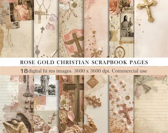 Christian Scrapbook Paper,Rose Gold Religious Digital Journal Page,Cross & Jesus Clipart,Vintage Faith Bible Craft Background,Commercial Use