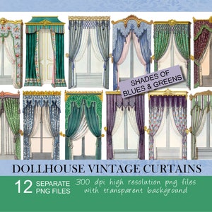 Dollhouse ornate vintage curtains. 1:12 scale dollhouse decor.Victorian window.Antique blue curtain.Miniature paper curtains.Digital clipart