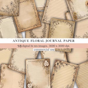 Sepia Floral Line Journal Papier, Vintage druckbare Seiten, gefüttertes Briefpapier für Junk Journals, digitaler Download, kommerzielle Nutzung erlaubt