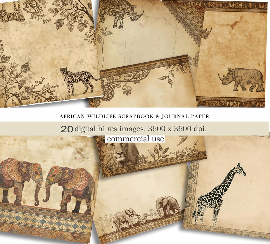 African Wildlife Digital Paper, Safari Animals Scrapbook Backgrounds ...