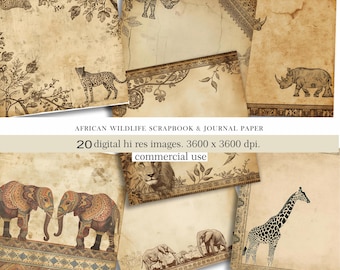 African Wildlife Digital Paper, Safari Animals Scrapbook Backgrounds, Jungle Journal Pages, Printable Safari Ephemera Pack, Commercial Use