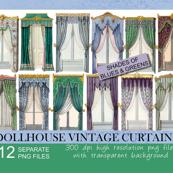 Dollhouse ornate vintage curtains. 1:12 scale dollhouse decor.Victorian window.Antique blue curtain.Miniature paper curtains.Digital clipart