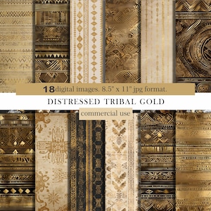 Distressed Tribal Gold Digital Paper, Boho Metallic Backgrounds, Ethnic Pattern Scrapbook, Vintage Gold Texture Journal Pages,Commercial Use