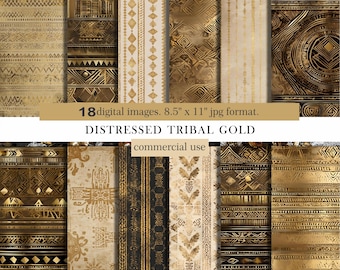 Distressed Tribal Gold Digital Paper, Boho Metallic Backgrounds, Ethnic Pattern Scrapbook, Vintage Gold Texture Journal Pages,Commercial Use