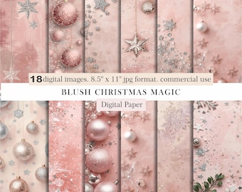 Blush Christmas Digital Paper, Pink Holiday Backgrounds, Rose Gold Glitter Scrapbook, Elegant Xmas Ornament Texture Pack, Commercial Use