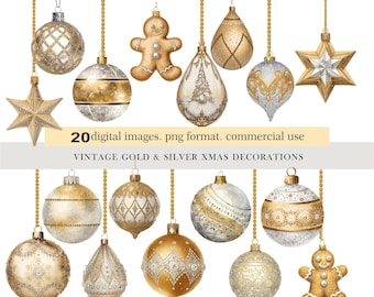 Vintage Gold Silver Christmas Ornaments clipart PNG. Digital Download.Vintage Xmas Baubles.Holiday Decor.Commercial Use Christmas Graphics