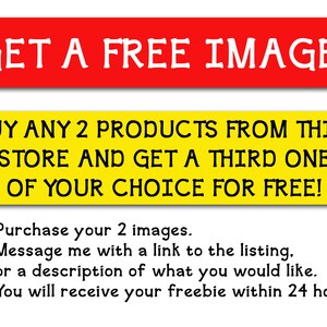 May include: Yellow and red graphic with the text "GET A FREE IMAGE!" and "BUY ANY 2 PRODUCTS FROM THIS STORE AND GET A THIRD ONE OF YOUR CHOICE FOR FREE!" with three red asterisks and instructions on how to redeem the free image.