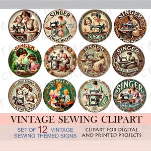 Singer Sewing Machine Vintage art.Antique spool labels.Vintage sewing machine.Victorian cotton reel labels.Sewing collage.Sewing gift tag