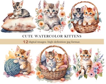 Cute Watercolor Kittens Clipart Bundle.Watercolor Cats & Kittens with Flowers Illustrations.PNG Files.Instant Download.Commercial Use