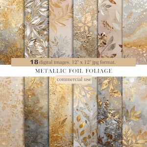 Metallic Foil Foliage Digital Paper Pack. Gold and Silver Floral Backgrounds. 18 Luxury Textures. Scrapbooking & Crafting. Commercial Use