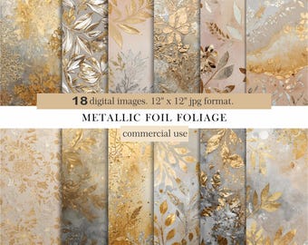 Metallic Foil Foliage Digital Paper Pack. Gold and Silver Floral Backgrounds. 18 Luxury Textures. Scrapbooking & Crafting. Commercial Use