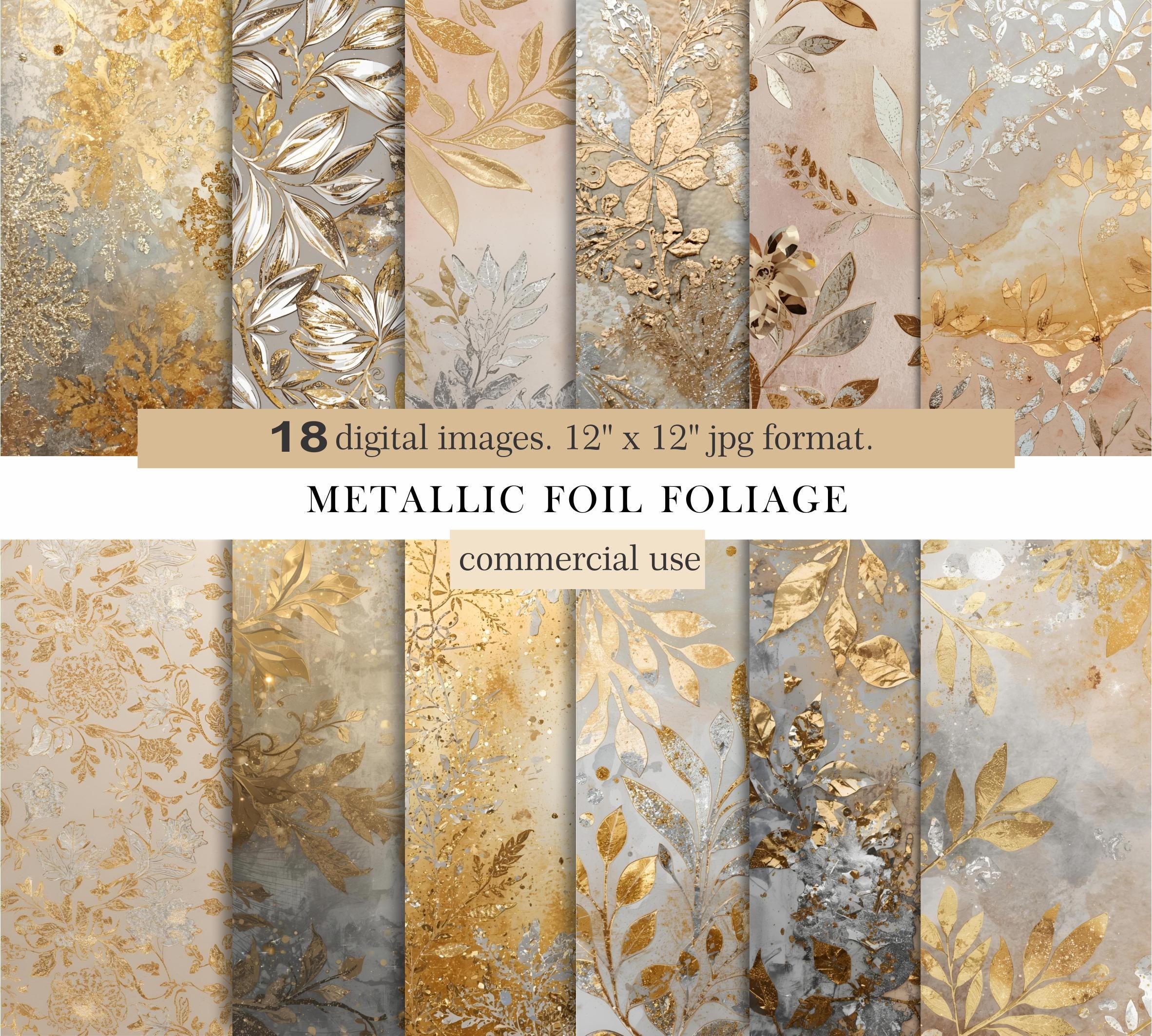 Metallic Foil Foliage Digital Paper Pack. Gold and Silver Floral ...
