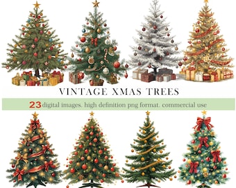 Vintage Christmas Tree Clipart Bundle. 23 Retro Xmas Trees PNG. Antique Holiday Illustrations. Xmas tree illustrations. Commercial Use
