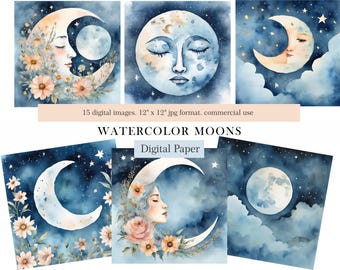 Watercolor Moon Digital Paper Pack, Celestial Night Sky Moons, Floral Moon Faces, Scrapbook Paper, Pastel watercolor moons, Commercial Use