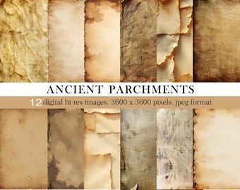 May include: Twelve digital images of aged parchment paper with various textures and edges. The images are high resolution and measure 3600 x 3600 pixels. The images are in jpeg format.