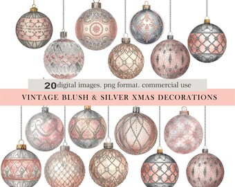 Vintage Blush & Silver Christmas Ornaments digital images. Vintage Xmas Baubles Clipart. Holiday Decor PNG.Commercial Use Christmas Graphics