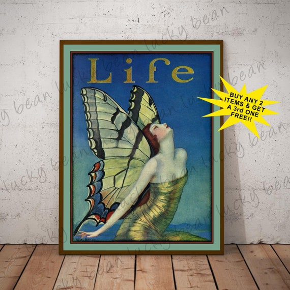 Life magazine cover.Vintage 1920's fashion poster. Digital download.Magazine cover art. Vintage Jazz era decor print. Butterfly wall art.