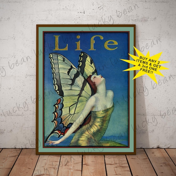 Life magazine cover.Vintage 1920's fashion poster. Digital download.Magazine cover art. Vintage Jazz era decor print. Butterfly wall art.