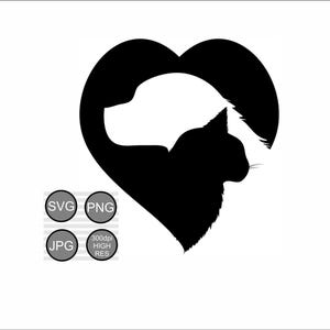 Silueta de corazón de gato y perro SVG, calcomanía para amantes de las mascotas, clipart SVG para amantes de los animales, logotipo de clínica veterinaria, calcomanía de silueta de gato y perro, SVG de gato y perro. Descarga digital