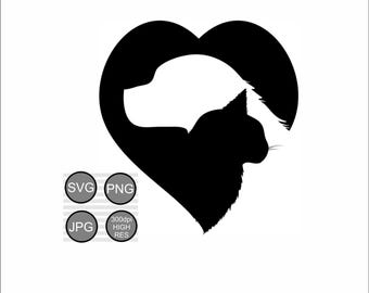 Cat Dog Heart Silhouette SVG, Pet Lover Decal,Animal lover svg clipart.Vet clinic logo.Cat dog silhouette decal.Cat dog svg.Digital download