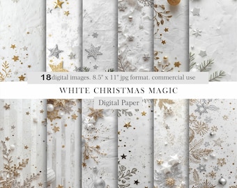 White Christmas Digital Paper, Gold Silver Holiday Backgrounds, Elegant Winter Scrapbook, Glitter Star Texture Journal Pages, Commercial Use