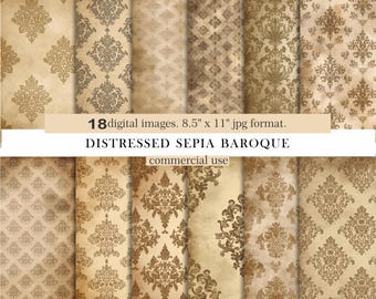 Distressed Sepia Baroque Digital Paper.Vintage Damask Journal Pages. Antique Backgrounds.Scrapbook Paper.Printable paper pack.Commercial Use