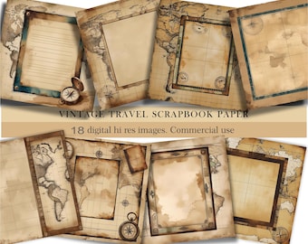 Vintage Travel Scrapbook Paper | 18 Hi-Res Antique Map Digital Papers | Junk Journal, Printable Backgrounds, Craft Ephemera. Commercial Use